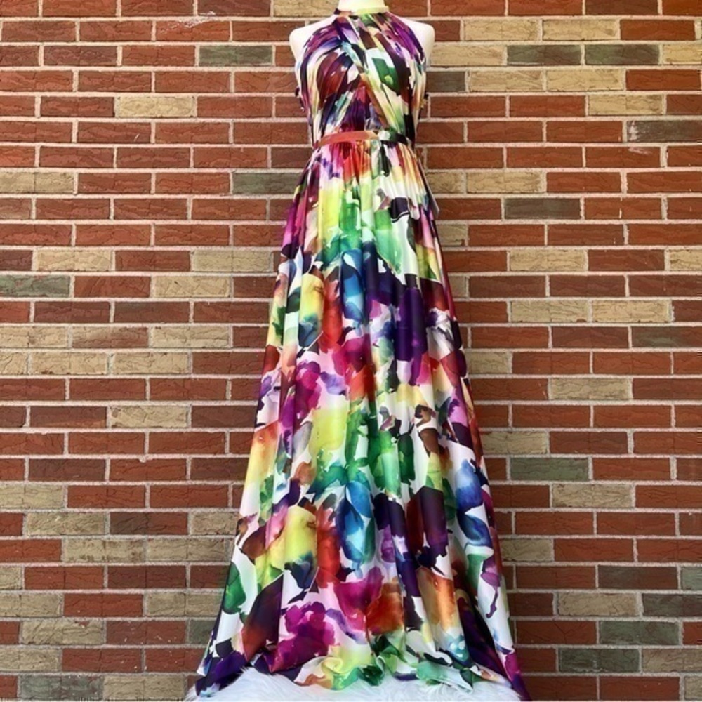 Love by THEIA Watercolor NWT White Purple Multicolor Open Back Halter Maxi Dress
